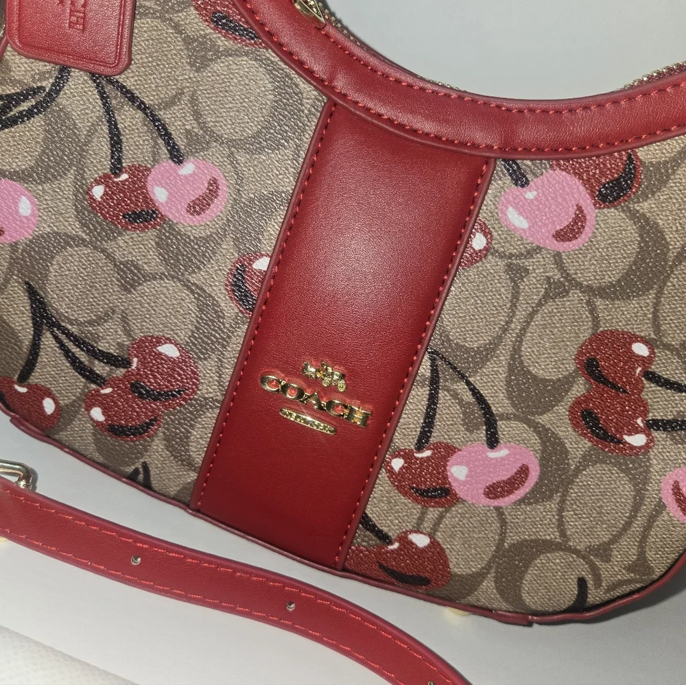 COACH Cherry-Print Signature Canvas Hobo Bag in Red - Picture 2 of 7